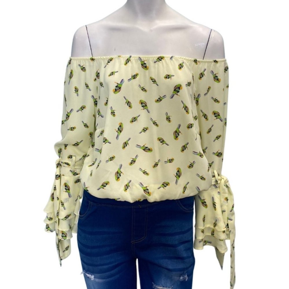 La Pateau Ruffle Tie Sleeve Off The Shoulder Top Yellow Size XL NWT